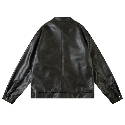 Men's Embroidered Stand Collar Pu Leather Jacket