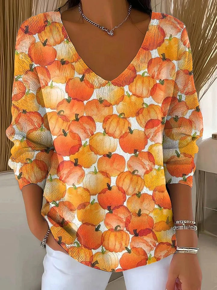 Drop Shoulder V-neck Long Sleeve Pullover 3D Digital Printing Women's Top T-shirt