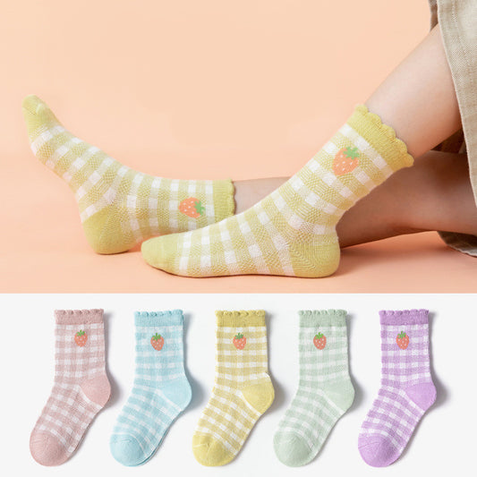 Children's Socks French Plaid Strawberry Cute Cartoon