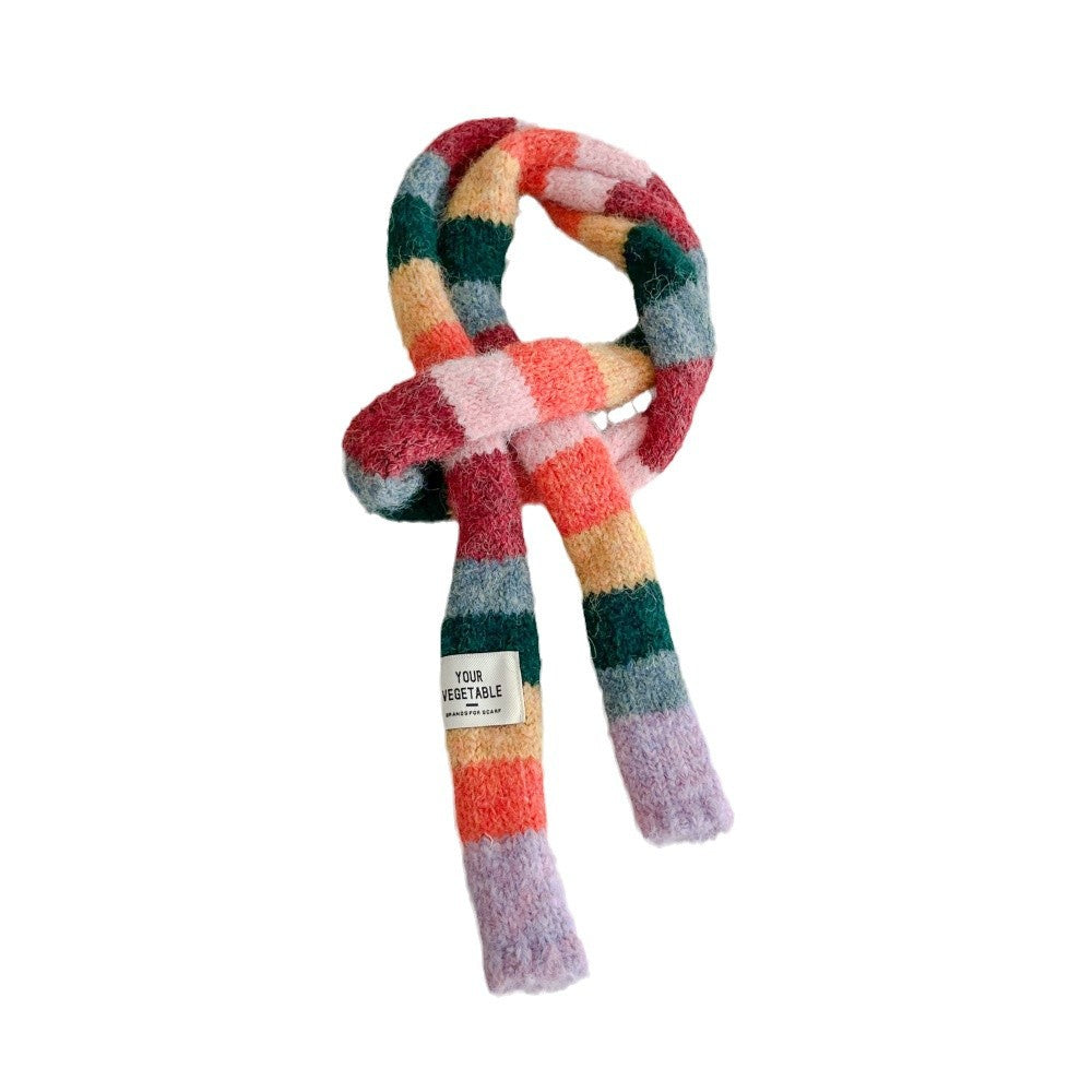 Versatile Narrow Rainbow-colored Retro Slim Long Scarf With A Chic Knitted Design