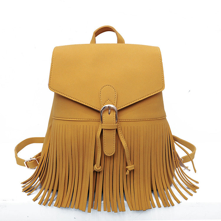 Frosted Women's Tassel Backpack Bundle Mouth Solid Color
