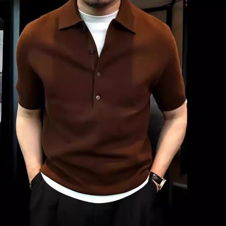 Solid Color Polo Collar Polo Shirt Men's Simple Style Slim Fit High Knitted Top