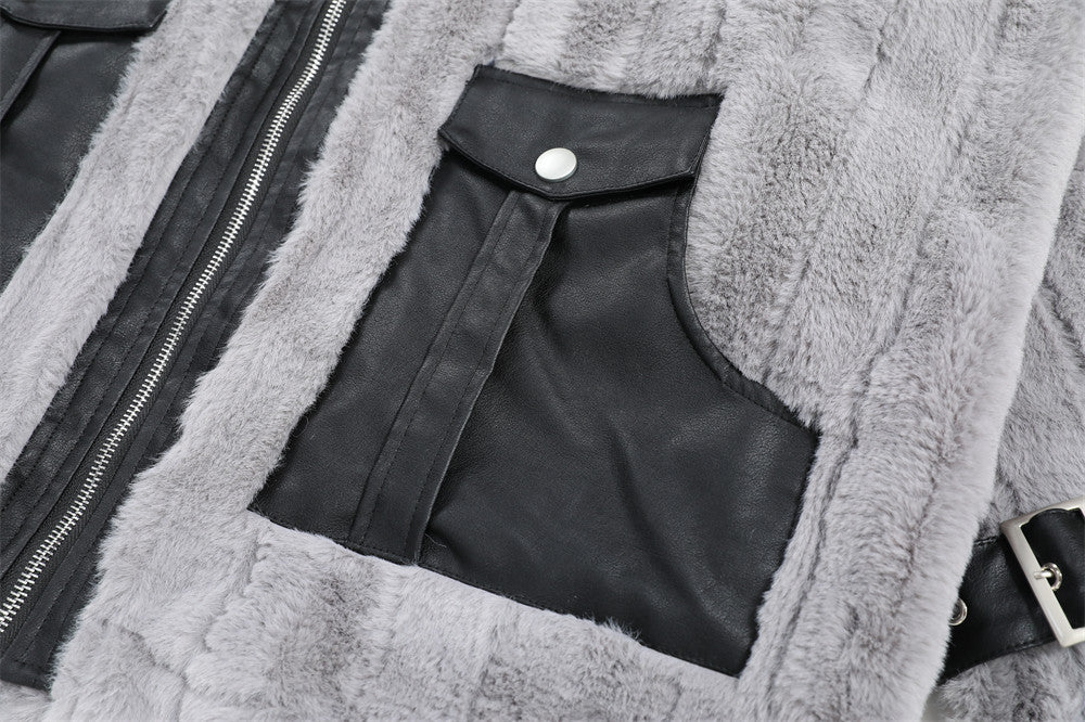 Pocket Color Contrast Patchwork Pu Lamb Wool Stand Collar Coat