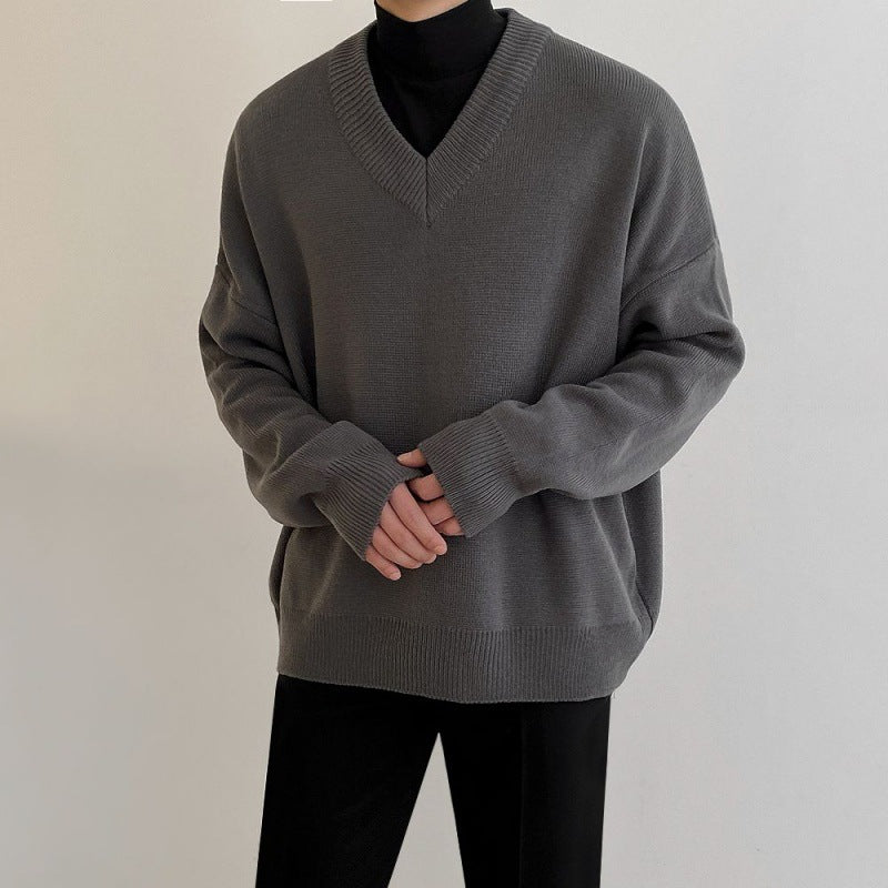 Solid Color And V-neck Sweater Men's Autumn And Winter Thickened