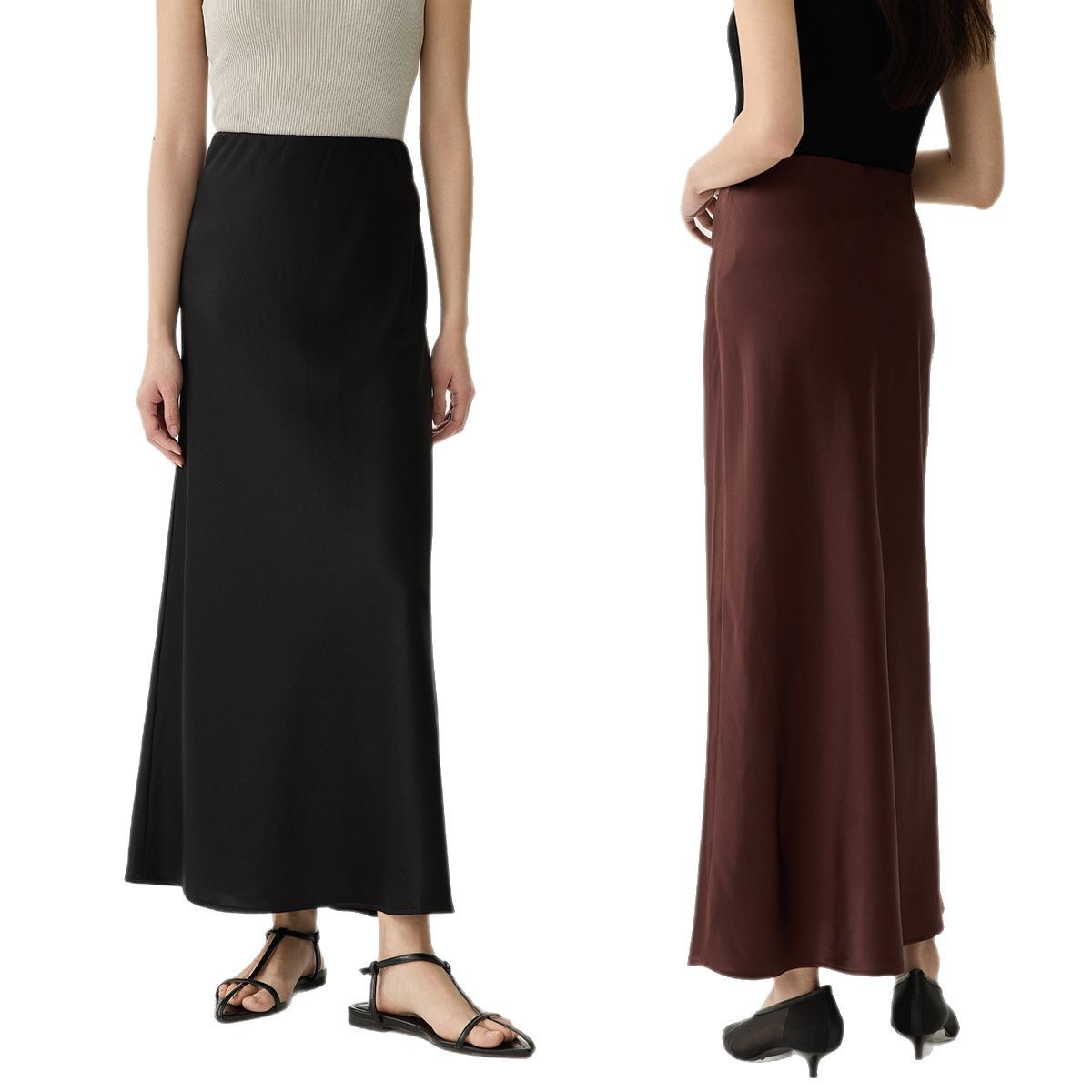 Women's Solid Color Silk Mid-length Elastic Waist Skirt