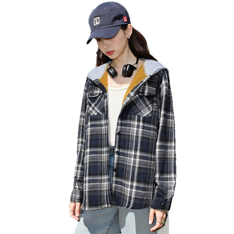 Casual And Loose Hooded Plaid Shirt Top For Women