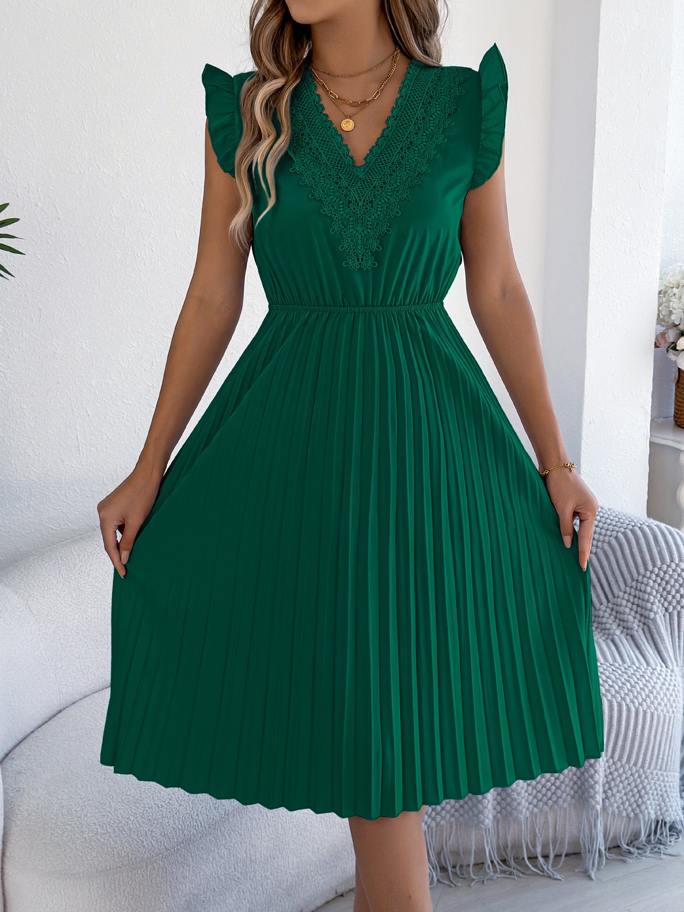 Casual Lace V-neck Ruffled-waist Pleated Dress