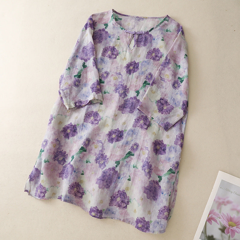 Womens Cotton-Linen Printed Shirt Loose  Mid-Length New Chinese-Style Top For Women