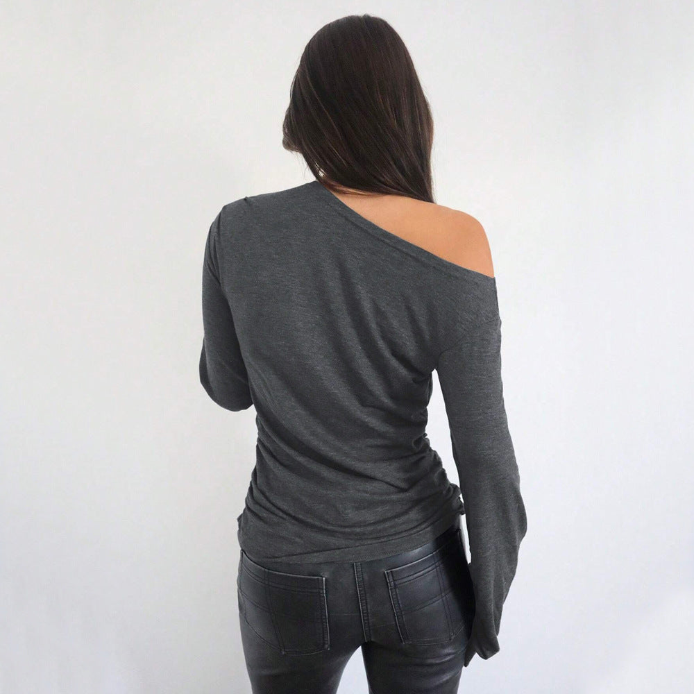 Women's Casual Fashion Trend T-Shirt AutumnWinter Stylish Versatile Loose Slim-Fit Diagonal Collar Top