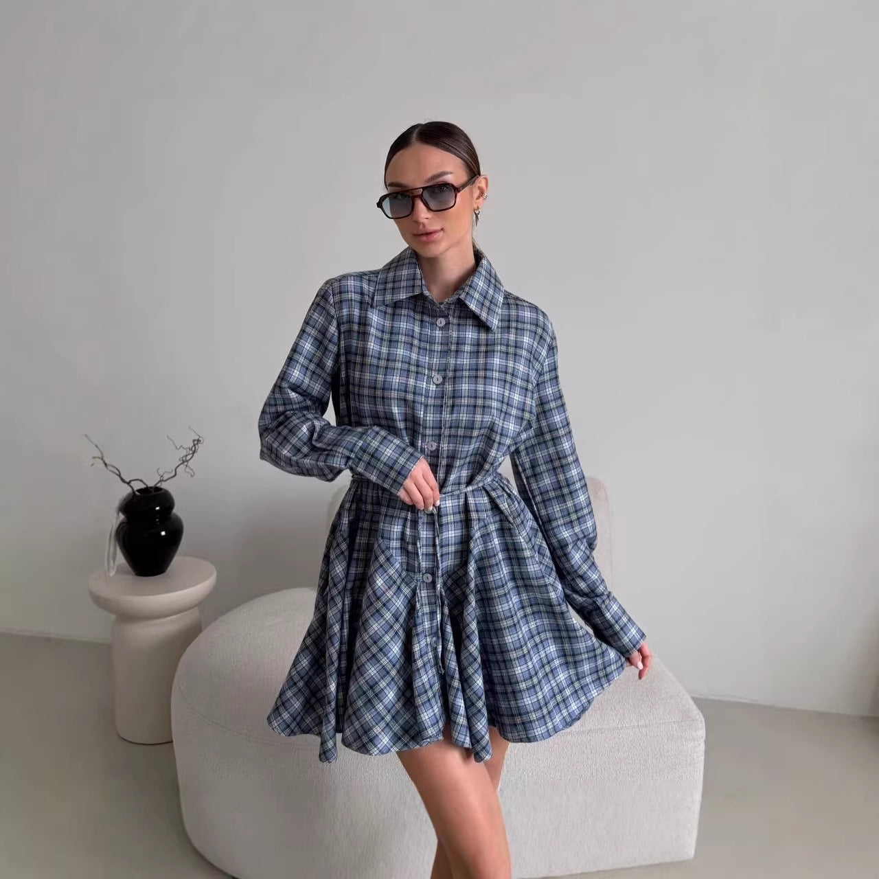 Autumn Retro Hong Kong Style Lapel Slimming Plaid Shirt With Puffy Skirt