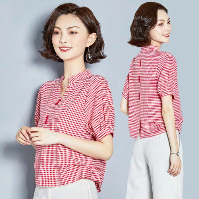 Women's Short-sleeved Plaid Chiffon Shirt Niche Design V-neck Belly-covering Coat