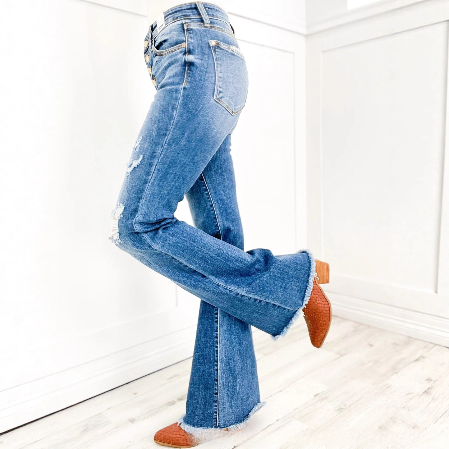Hole Ripped High Waist Stretch Retro Slim Flare Jeans