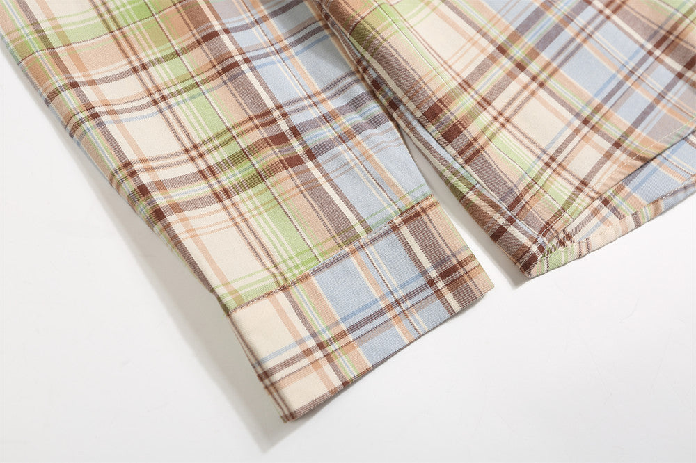 Embroidered Pocket Casual Polo Collar Checked Shirt