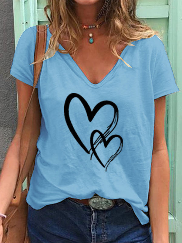 V-neck Loose Casual Heart Printing T-shirt