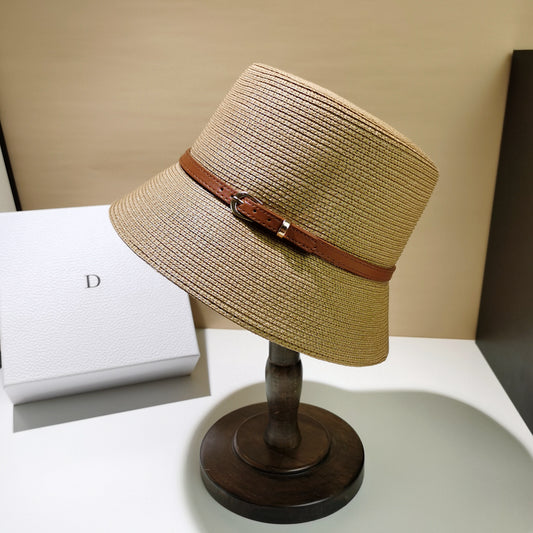 Straw Breathable Flat Top Hat With Belt Buckle