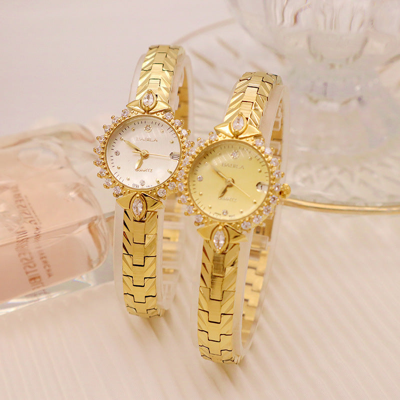 Exquisite Vintage Jewelry High Sense Precision 5A Diamond Embossed Bracelet Temperament Quartz Small Golden Watch Wholesale