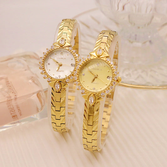 Exquisite Vintage Jewelry High Sense Precision 5A Diamond Embossed Bracelet Temperament Quartz Small Golden Watch Wholesale
