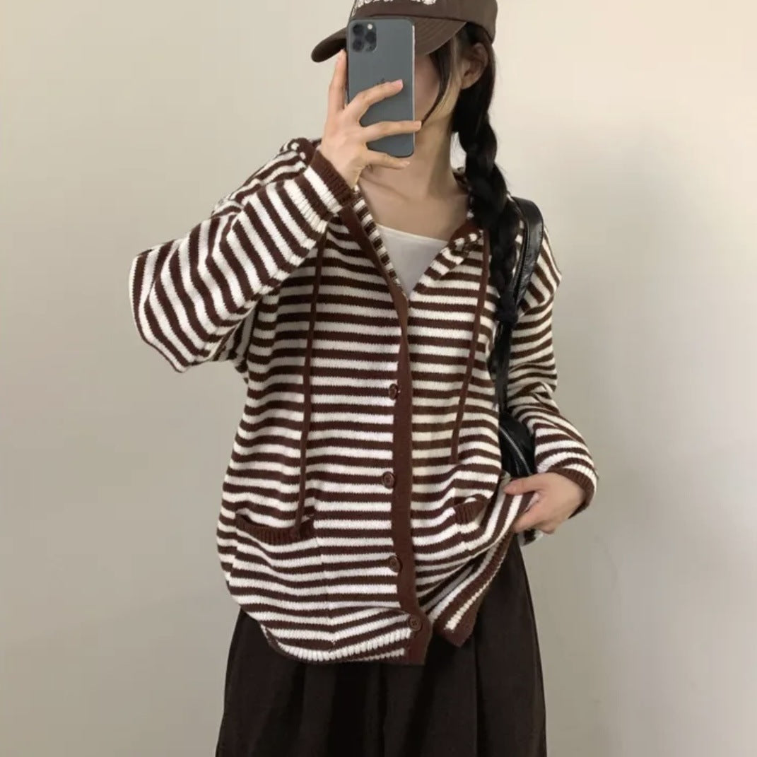 Hooded Single-breasted Knitted Cardigan Loose Sweater Coat