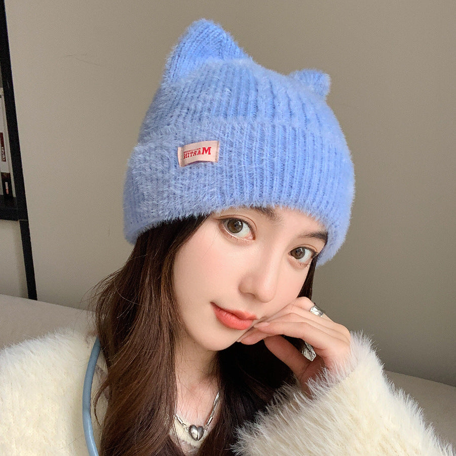 Winter Mink Cat Ears Plush Girl's Cap Warm Ear Protection Knitted Hat