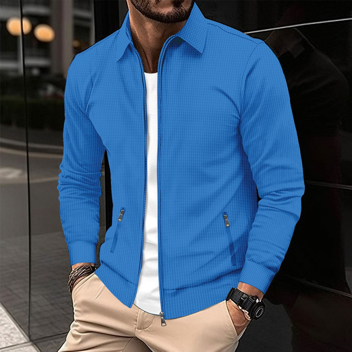 Mænds forårs- og efterårsjakke med vaffelstruktur, lynlåslommer, revers, slim-fit cardigan