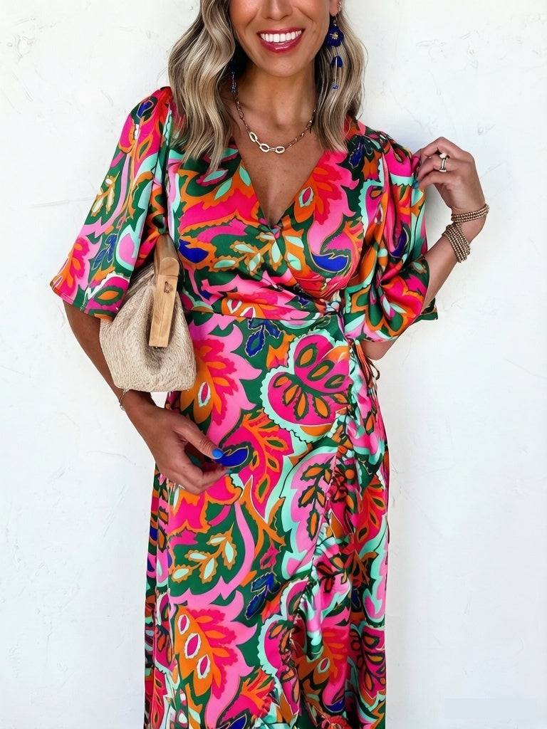 Womens Floral Peacock Lace-Up Swing Dress With Ruffled Hem