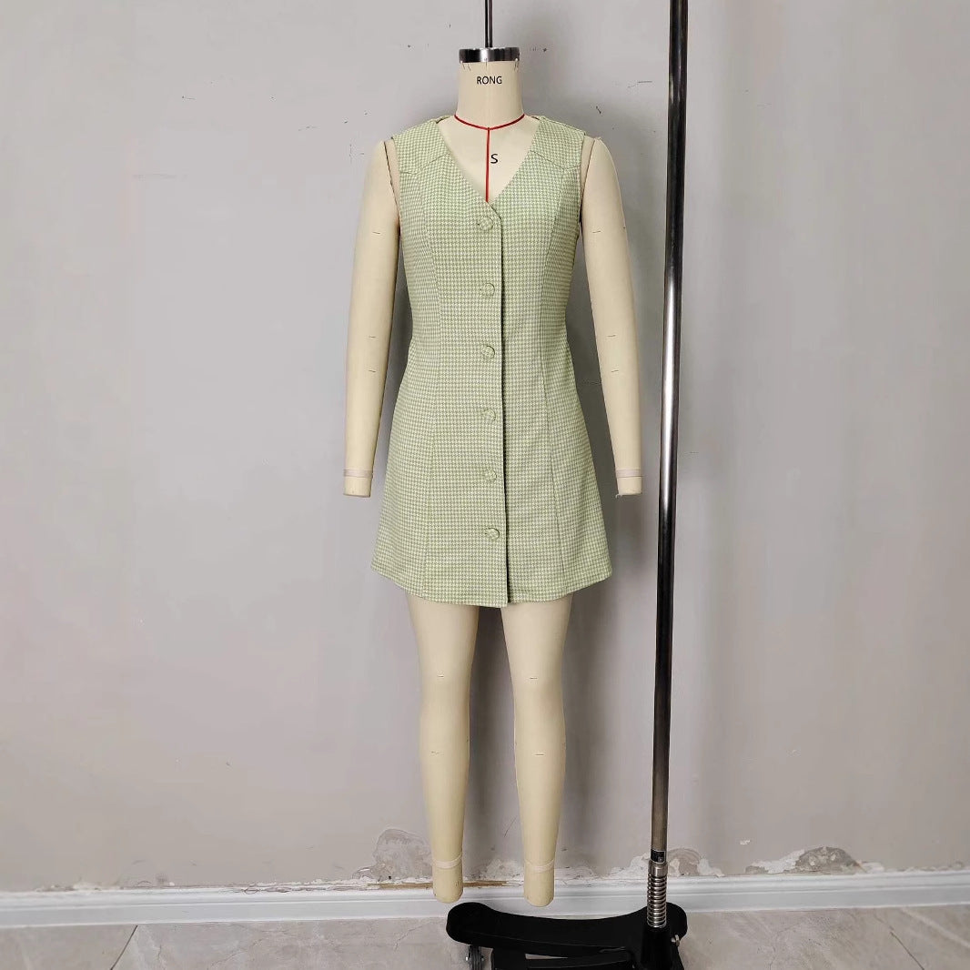 Simple Retro V Neck Buttoned Sleeveless Short Dress For Women