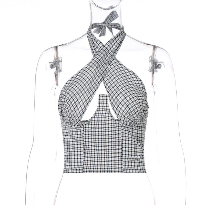 Women's New Cross Straps Wrap Chest Zipper Plaid Vest