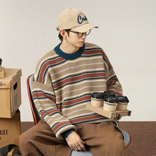 Vintage Contrast Color Striped Round Neck Sweater Autumn And Winter Loose Idle Style