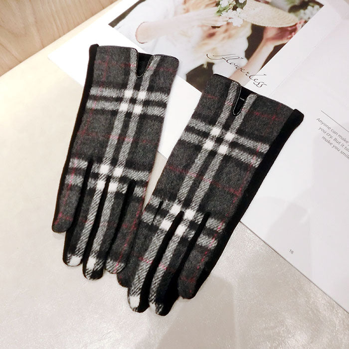 Color Plaid Wool Plus Velvet Thick Five-finger Gloves
