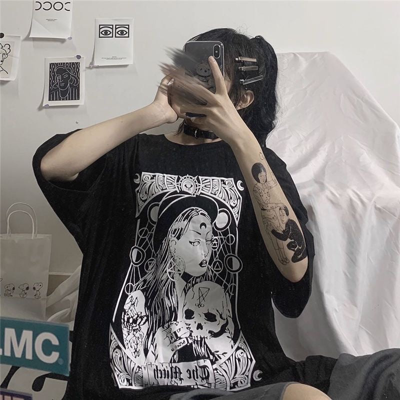 Fashion Brand Dark Printing Loose Crew Neck Top