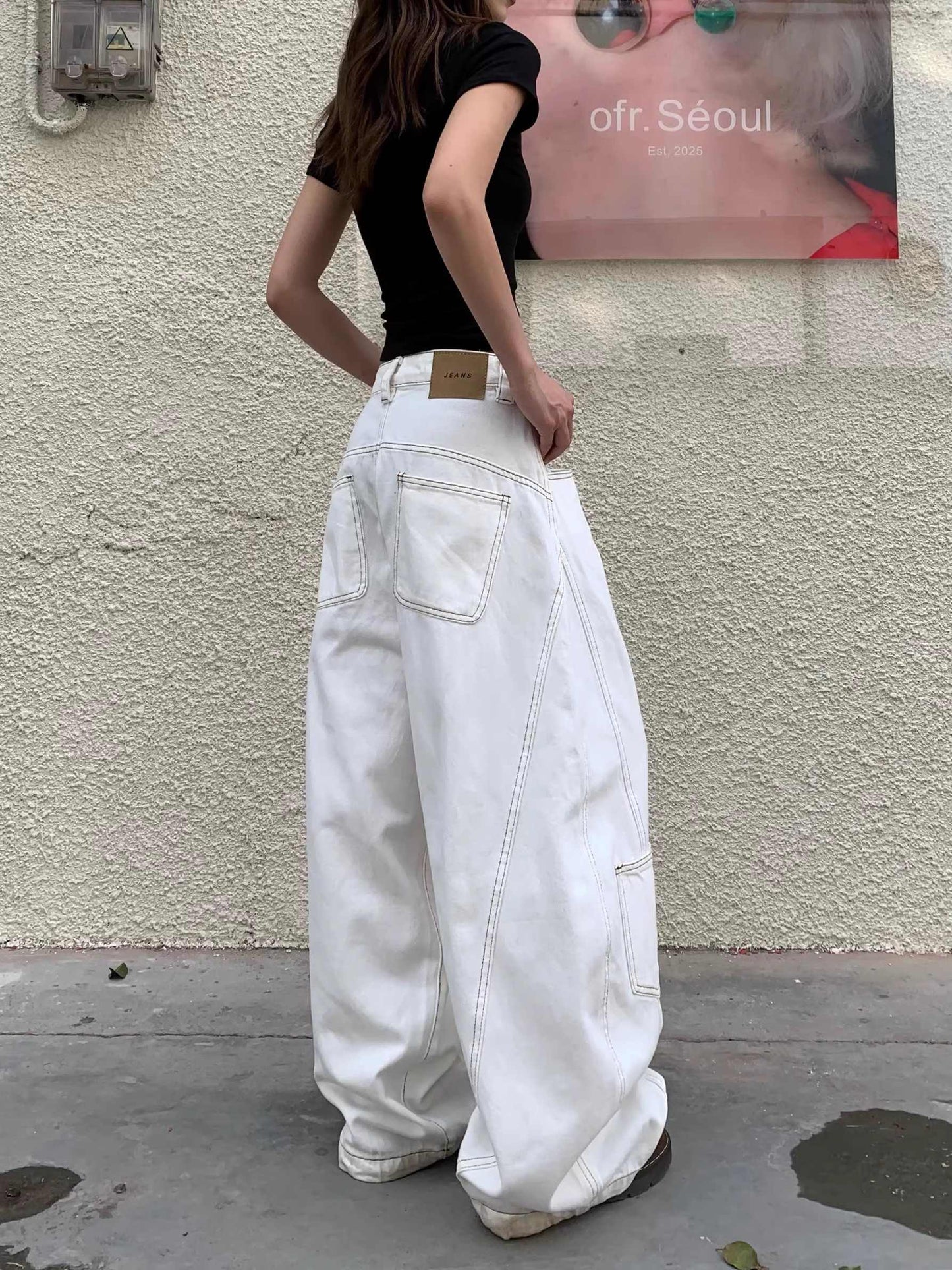Women's Retro White Wide-leg Jeans