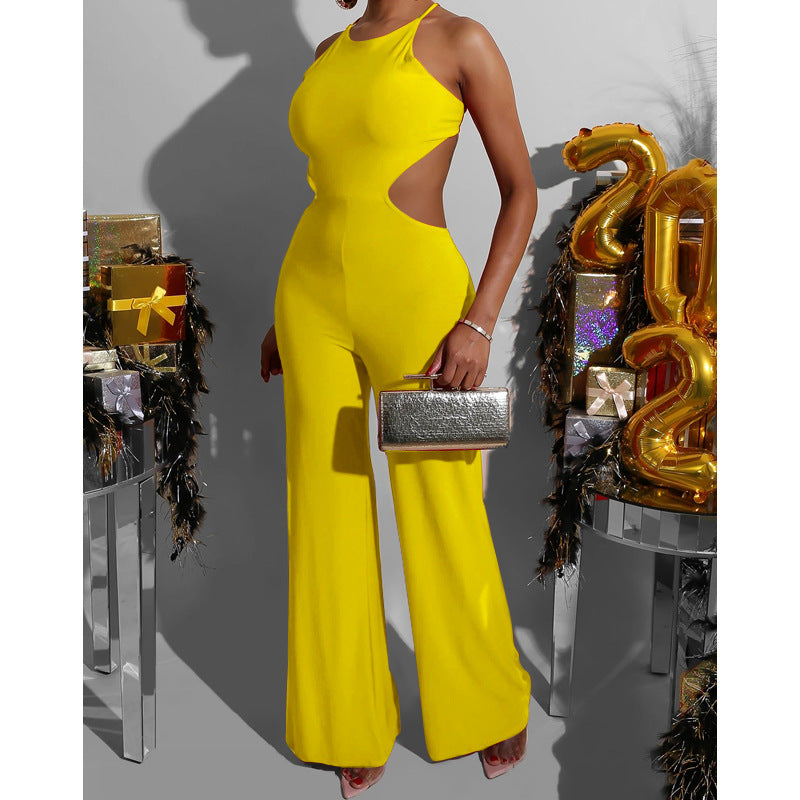 Women's Solid Color Sleeveless Back Mid Length Jumpsuit