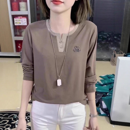 Women's Long-sleeved T-shirt V-neck Bottoming Shirt Hot Rhinestone Casual Top
