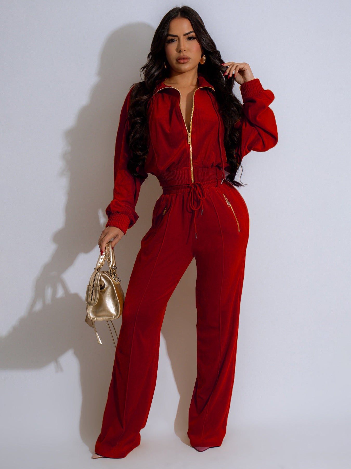 Womens Long-Sleeve Lapel Zip-Up Cardigan And Trousers Winter Two-Piece Set