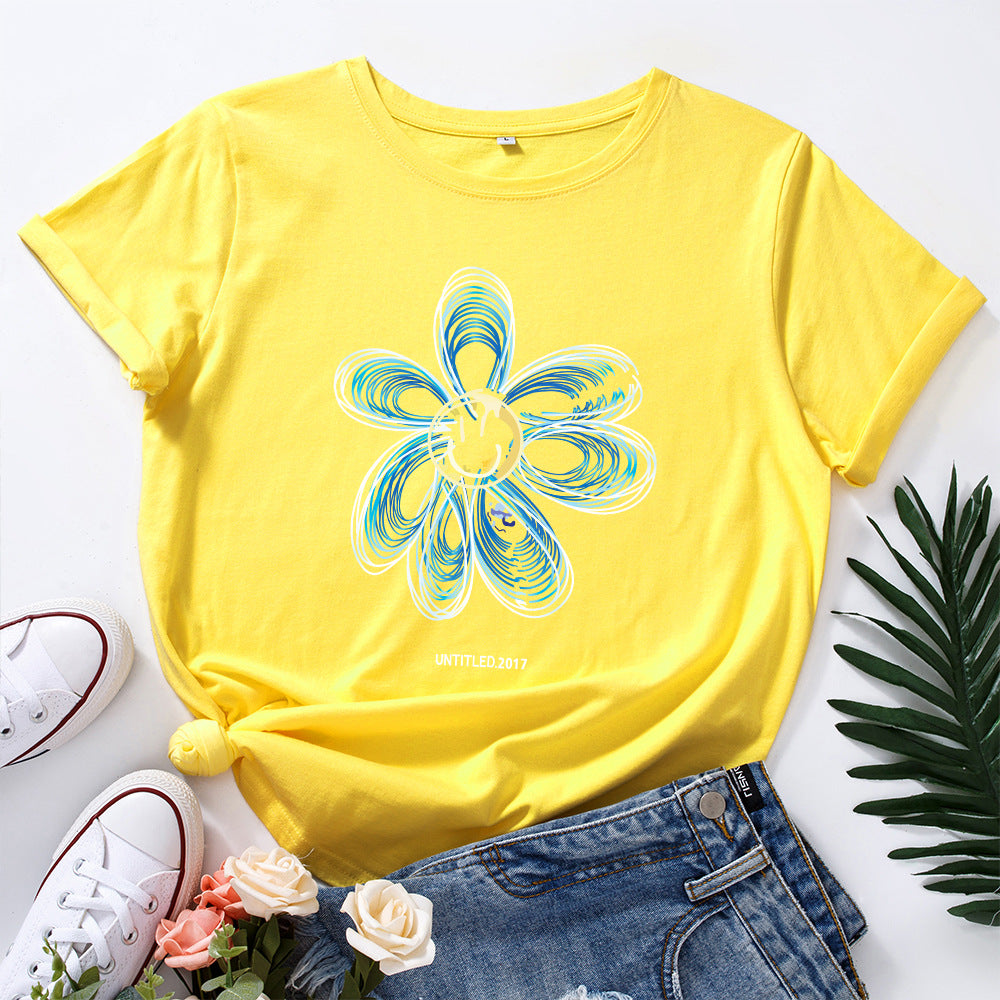 European And American Cotton Loose Round Neck Creative Flower Short Sleeve
