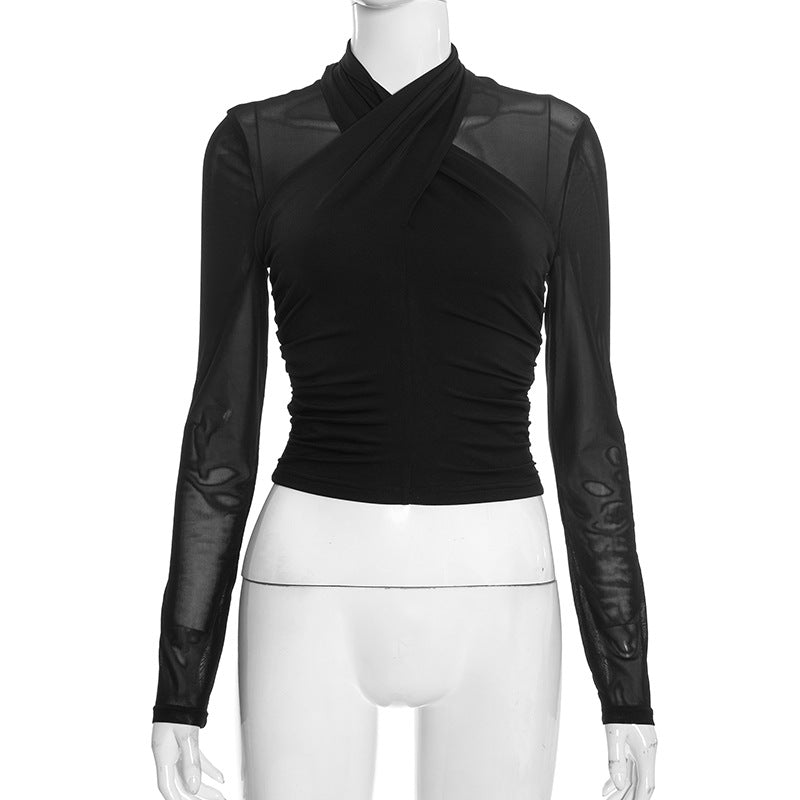 New Round-neck Cross-perspective Mesh Shirred Spliced Top