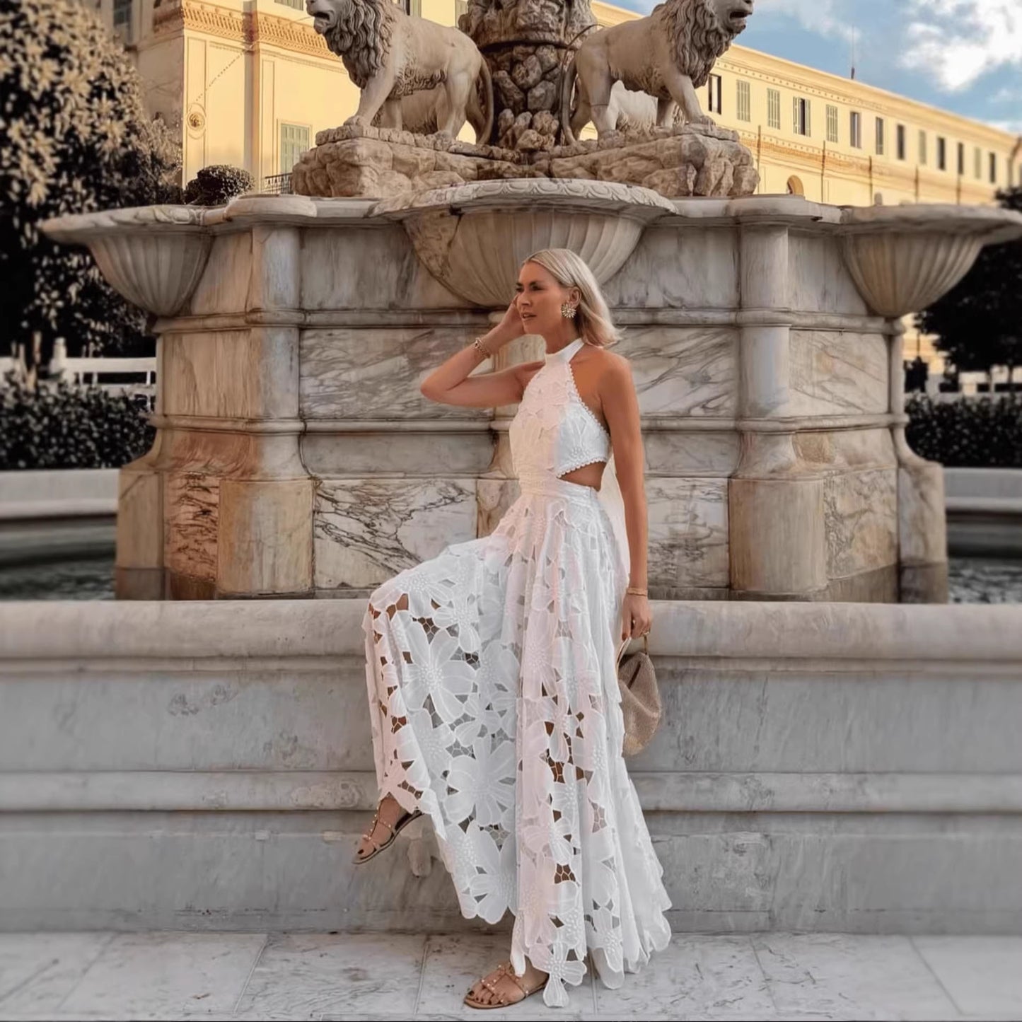 Lace Hollow-Out Crochet Halter Neck Backless Dress
