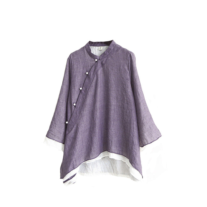 Solid Color Stand Collar Slanted Placket Chinese Style Buttoned Long Sleeves