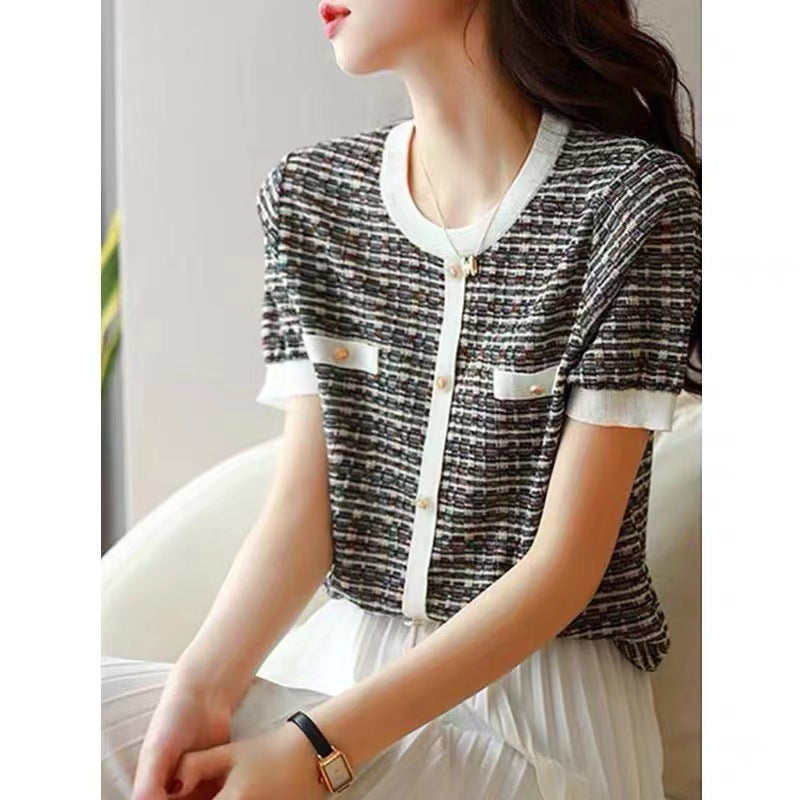 Ice Silk Knitted Top Classic Style Short-sleeved T-shirt Female Round Neck Fashion Loose Temperament Striped