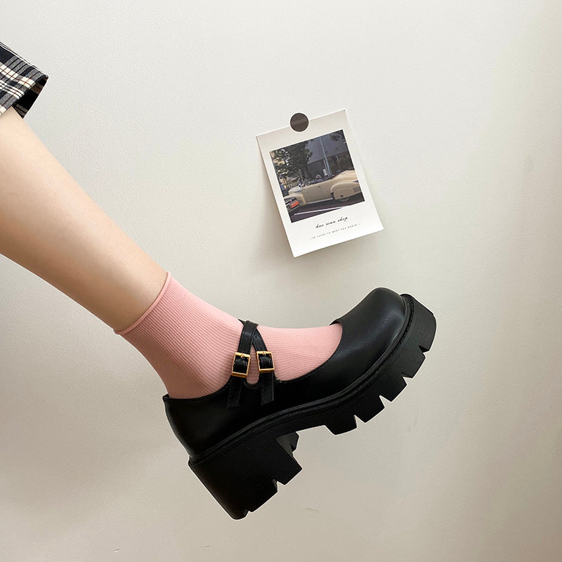 Forår Retro Chunky Hæl Plateau Lædersko