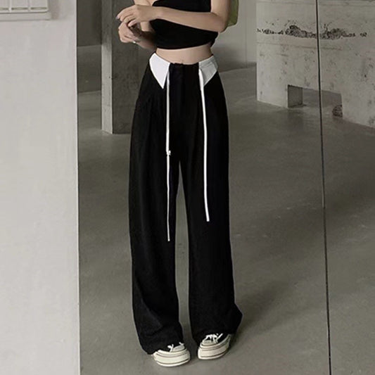 High-waist Design Cuffed Lace Up Loose Thin Sagging Wide Back Pants