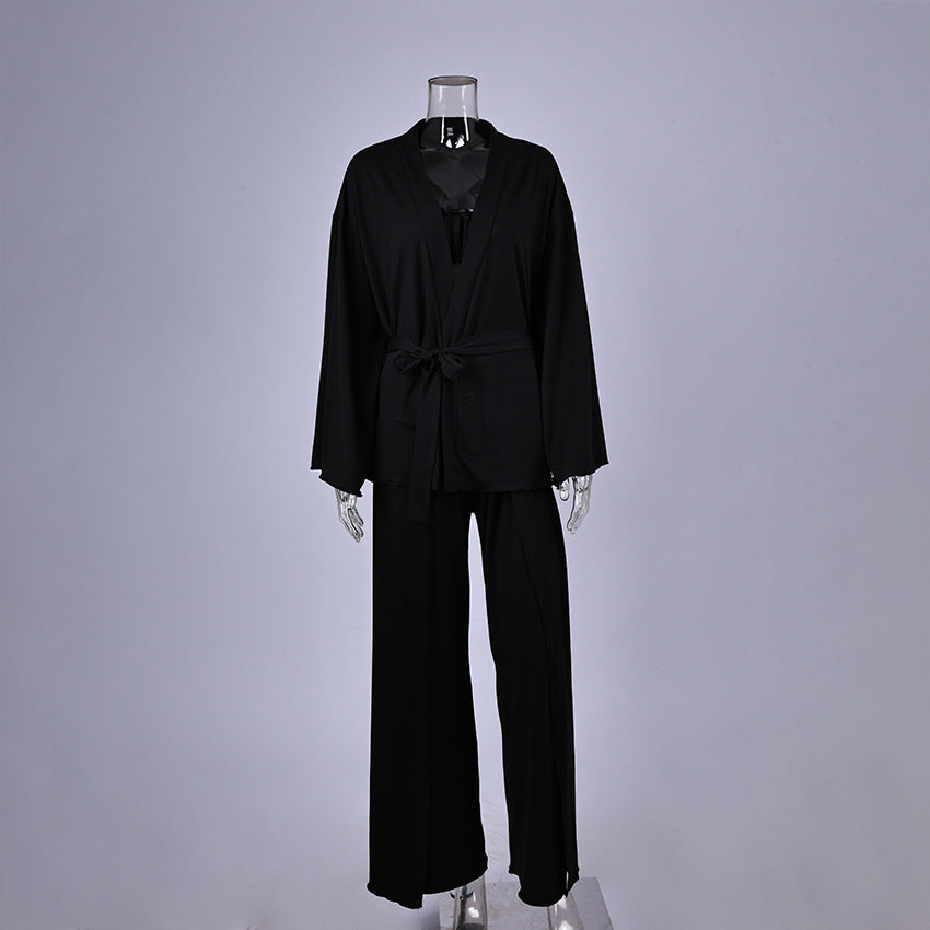 Womens Pajama Set Knitted Underwear With Ruffle Trim Robe And High-Slit Pants
