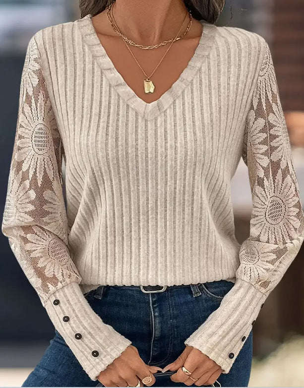V-neck Pullover Loose-fitting Long Sleeves Sweater