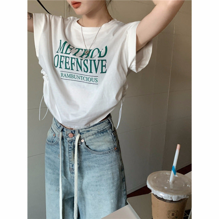 Pure Yet Seductive Printed Drawstring Short-sleeve Top