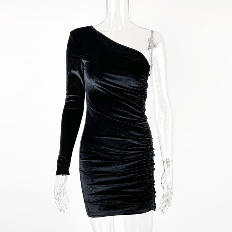 Womens Slim-Fit Pleated One-Shoulder Slash-Neck Mini Dress