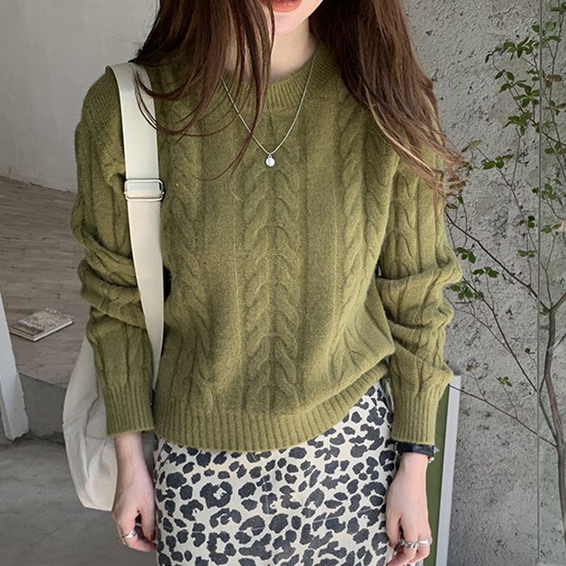 Women's Retro Twist Round Neck Sweater Western Style Leisure Loose Pullover