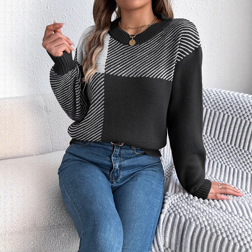 Casual Color-Block Plaid Long-Sleeve Pullover Sweater