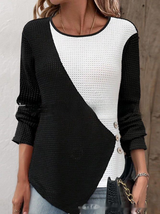 Black And White Color-block Crew Neck Knitted Long-sleeved Top