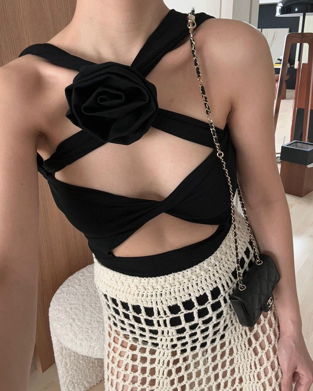 Three-dimensional Rose Flower Cross Hollow Ladies Jumpsuit
