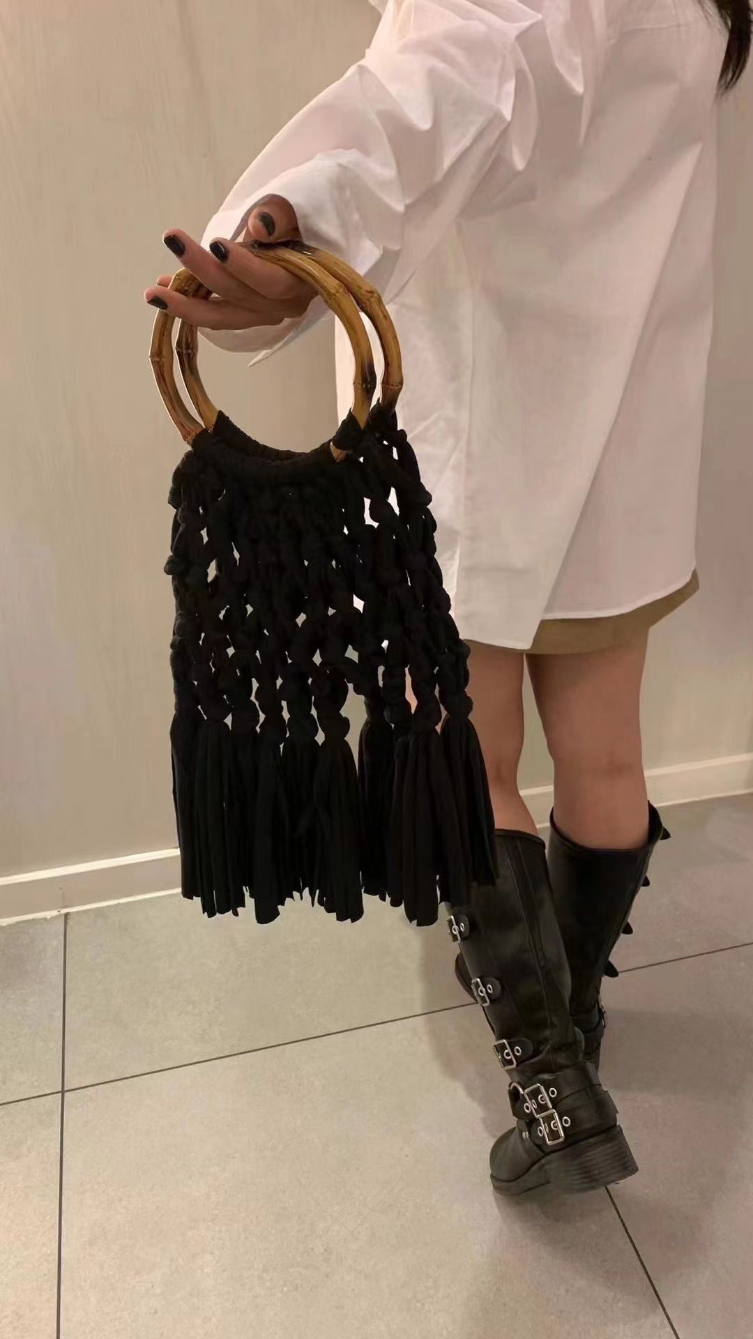 Women's Bag Cotton Knitted Tassel Hollow